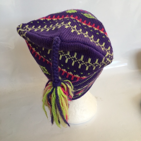 Aardvark Hat Beanie Toque Purple Green 100% Wool Nordic Style Ski Vintage - Picture 5 of 8